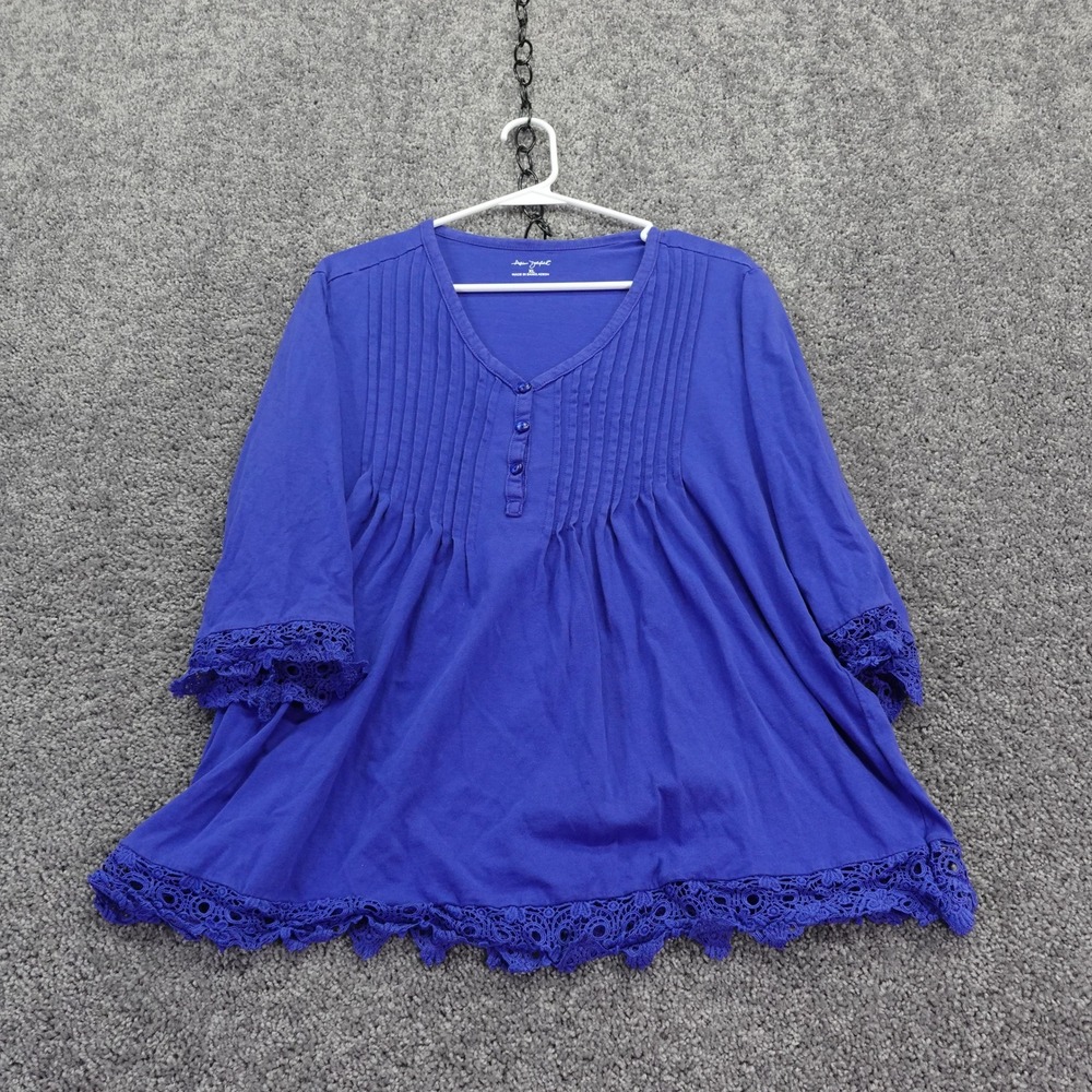 Adrienne Delafield Blouse Womens Extra Large Blue Lace Trim Pleated V Neck